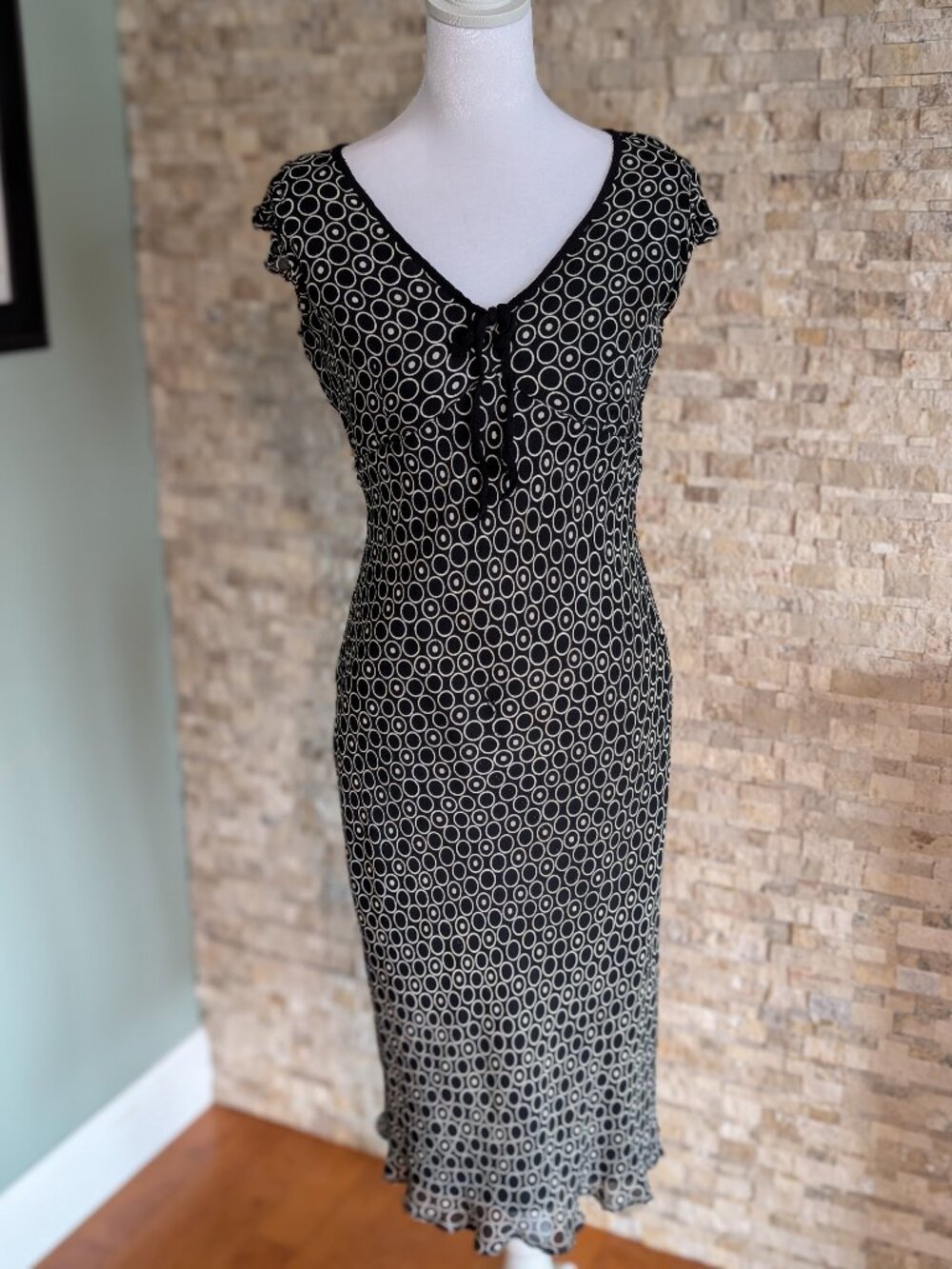 Vintage 90s Geometric Chiffon Midi Dress S Small Black White Tie Neck Rom Com